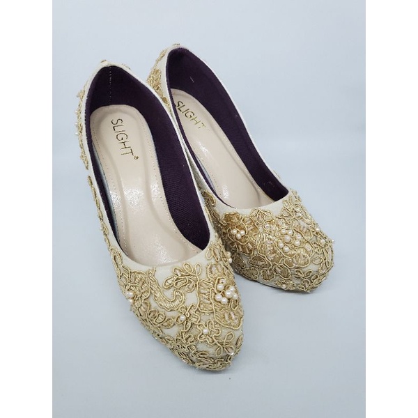 SLIGHT Platform Brukat krem display stock 39 Brokat Lace Wedding Shoes High Heels Payet | Sepatu pesta kondangan | Wedding shoes pengantin