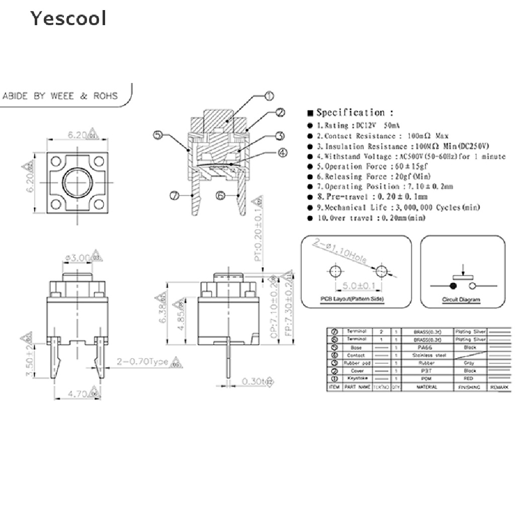 Yescool 10Pcs Kailh Tombol Mute 6x6 X 7.3 Untuk Mouse Wireless