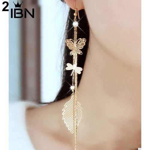 Berlian Imitasi Kupu-kupu Dragonfly Leaf Drop Panjang Jumbai Anting Rantai-3