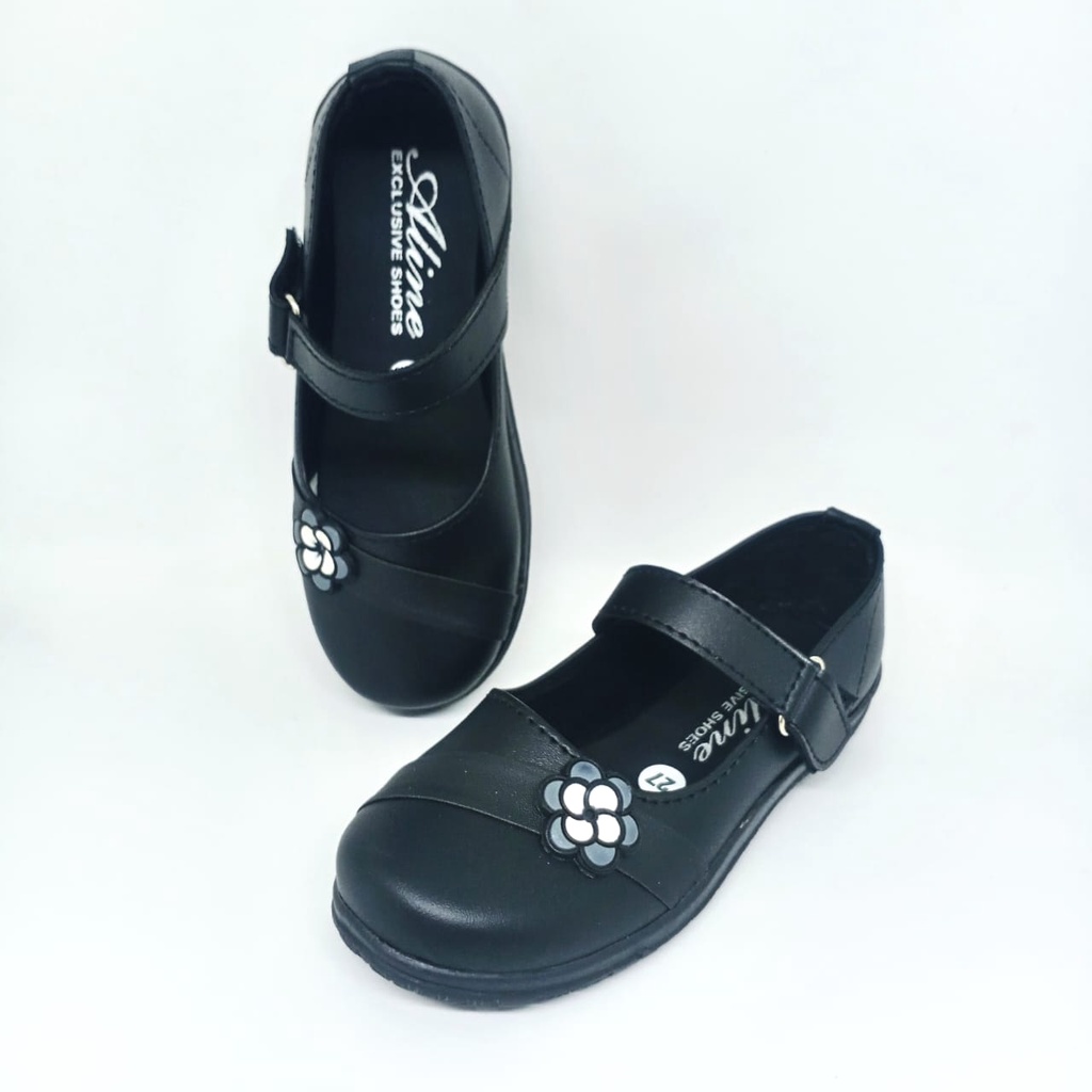 Aline Sepatu Anak Perempuan Size 26-35 Pantofel Sekolah Hitam PAUD TK SD Flats Bunga/Pita AA10