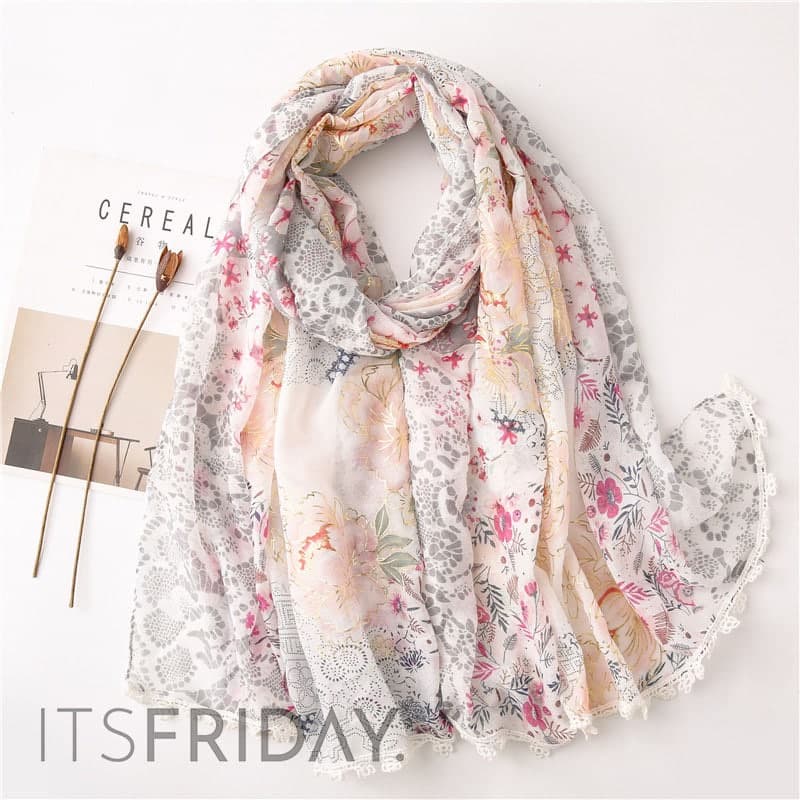 ITSFRIDAY NABA Scarf - Premium Pashmina Shawl Selendang Syal Pasmina Hijab Import Motif Flower Glitter Renda