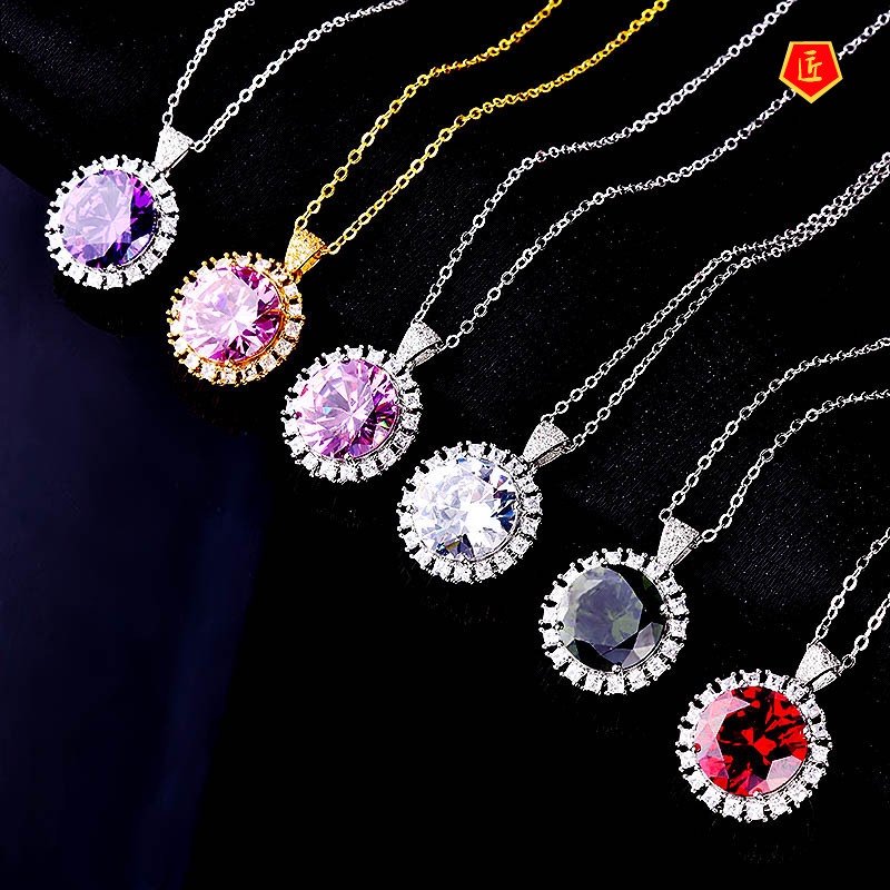 [Ready Stock]10 Karat Shiny Diamond Pendant Luxury Colorful Gemstone Necklace for Women