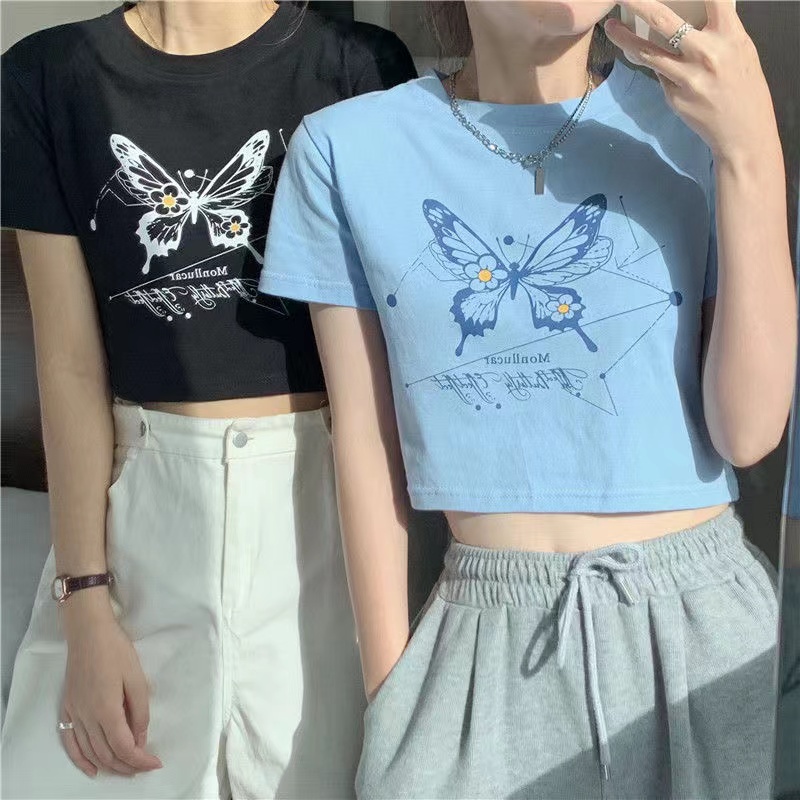 Sayishop Butterfly Crop Top / Kaos Crop Wanita Murah / Korean Crop Top
