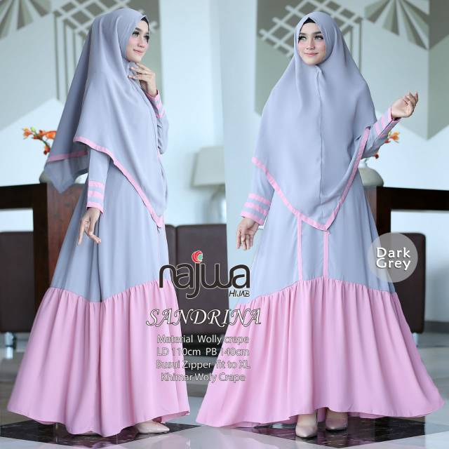 Sandrina gamis syari kekinian model simple elegan outfit kondangan khimar syari rempel bawah