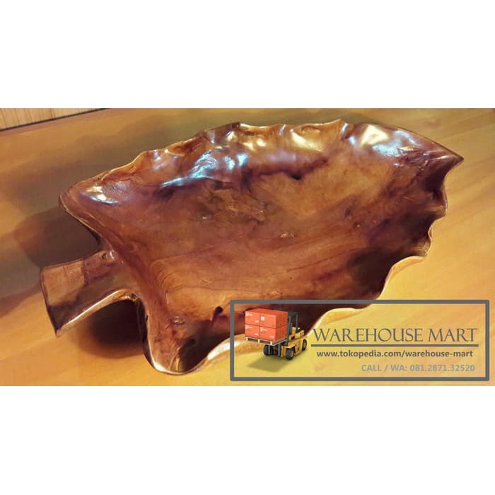 Piring Tempat Buah Ukir Daun Kayu Jati