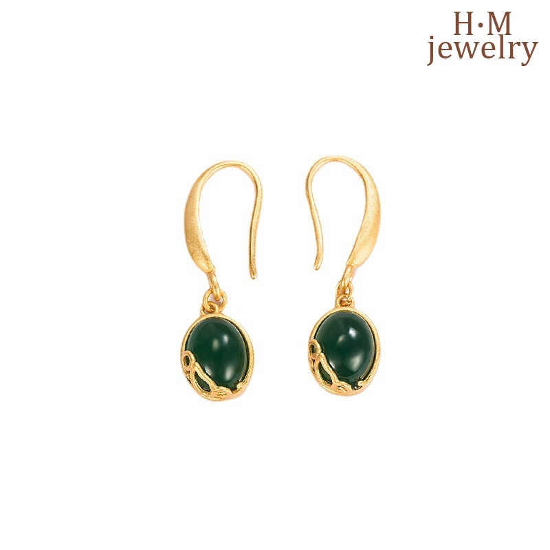 Anting Stud Giok Hetian Jasper Gaya Retro Perancis Untuk Wanita