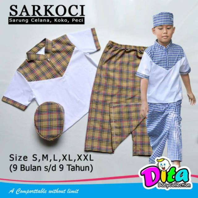 Sarung Celana Koko Peci Lebaran | Sarkoci Anak Lebaran | Sarung Koko Set Peci Anak