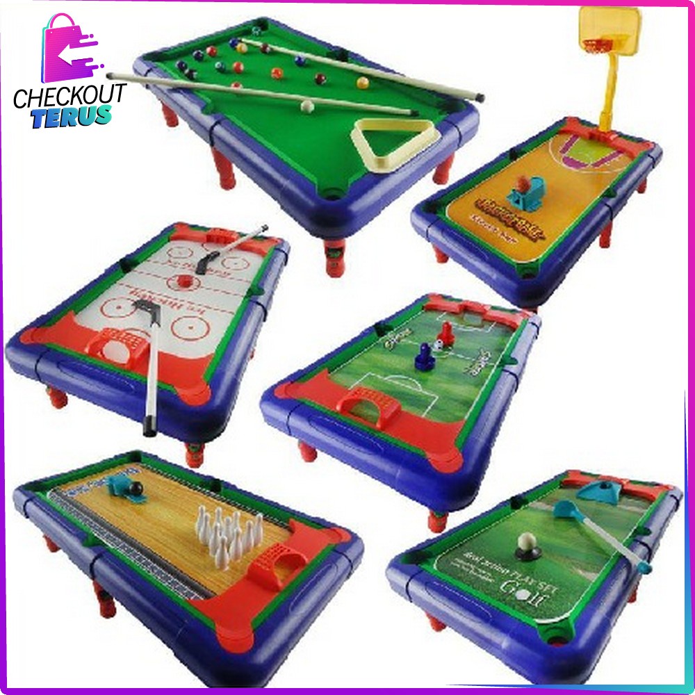 CT M54 Mainan Anak Laki Laki Game Meja Billiard Multifungsi 6in1 Bola Kaki Bowling Bola Basket Golf