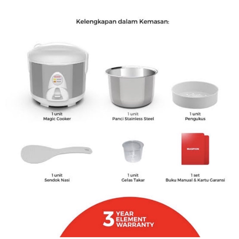 [ Maspion ] Magic Com / Rice Cooker Maspion MRJ 109 Panci Stainless Steel (Lebih Sehat) - 1.2L
