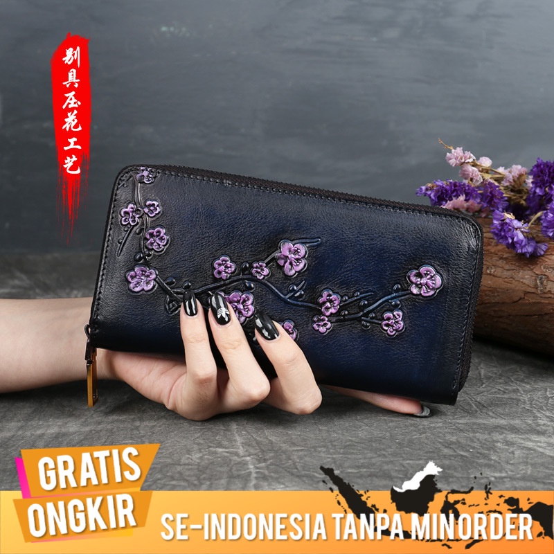 Tas Dompet Kulit Asli Wanita Plum Embossed Long Retro  Etnik Timbul  Lapisan Pertama Kulit Sapi One 