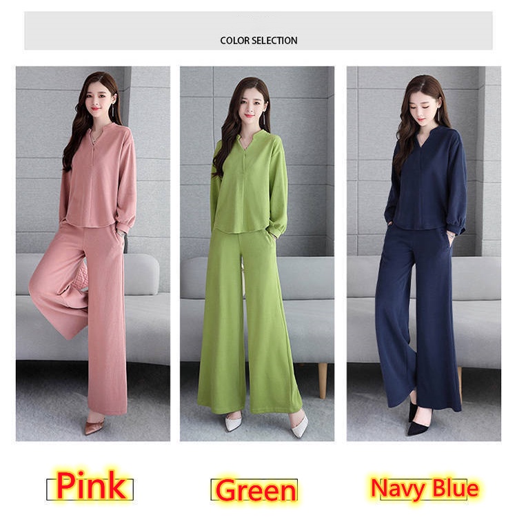 M-3XL Fashion One Set Setelan Wanita Katun Solid Longgar Lengan Panjang V-Neck Blus + Celana Panjang Set