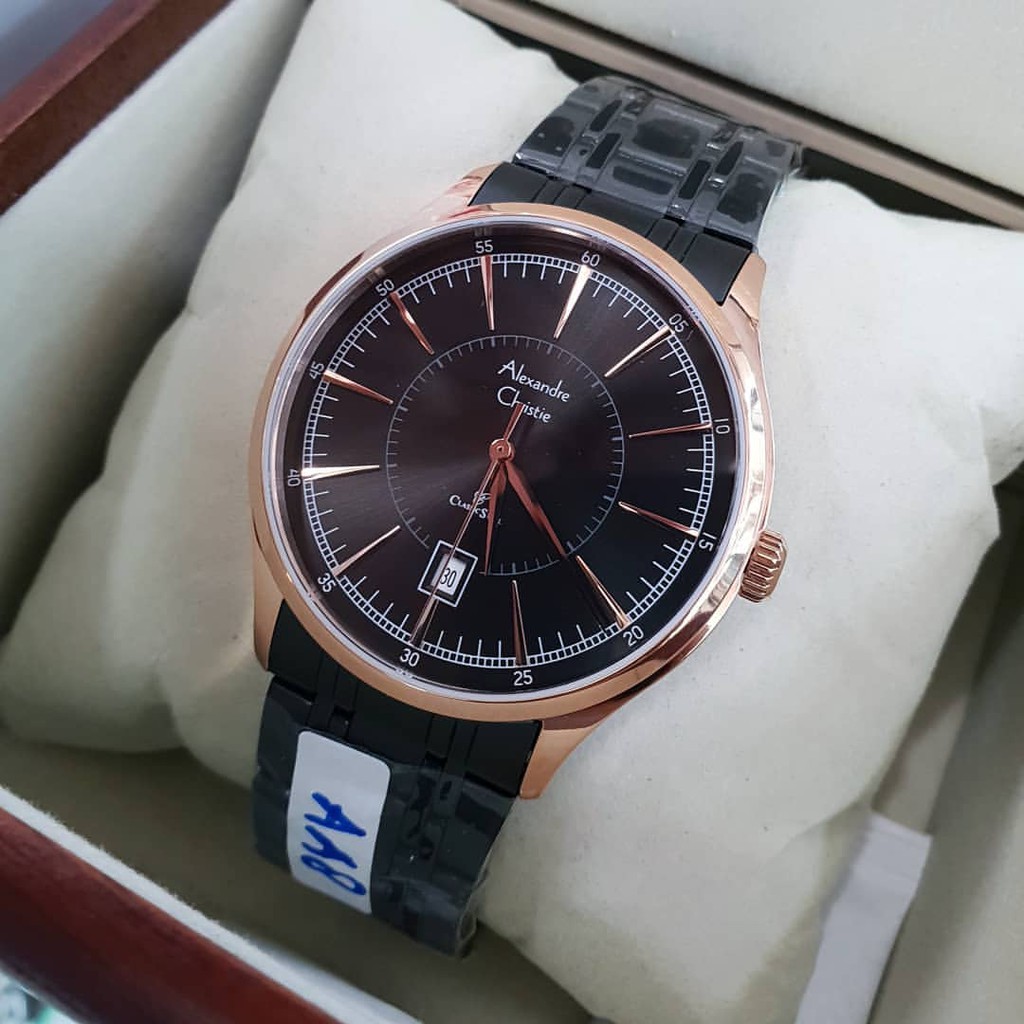 Alexandre christie original 100 % ac8553 black rosegold jamtangan pria