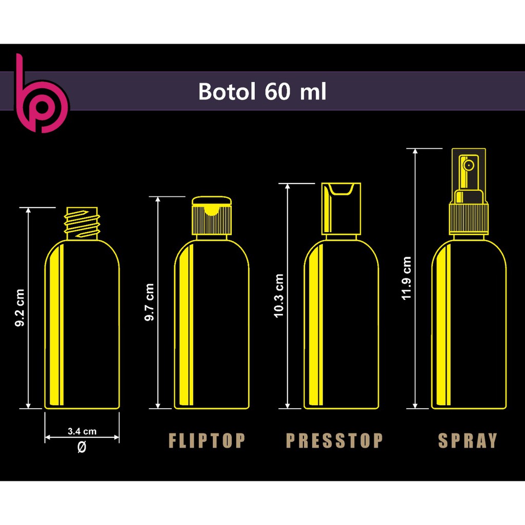 Botol Plastik PET 60ml BR Hitam Tutup Presstop