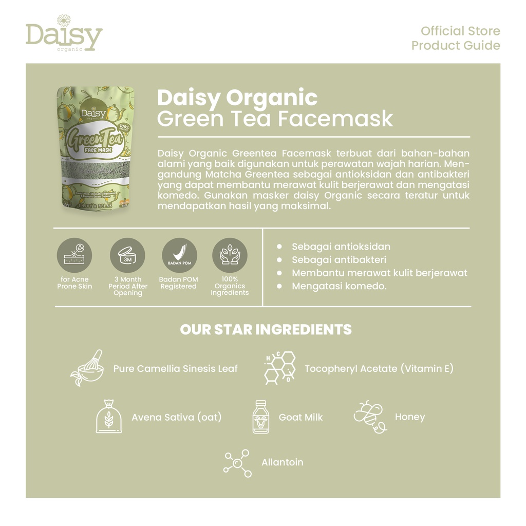 Daisy Organic Greentea Facemask Face Mask Masker BPOM Original