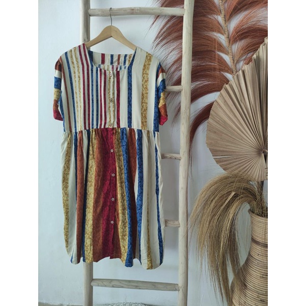 TUNIK/DRESS/DASTER MOTIF RAINBOW/GARIS BAHAN TWILL MODEL KERUT PINGGANG FULL KANCING/BUSUI FRIENLY