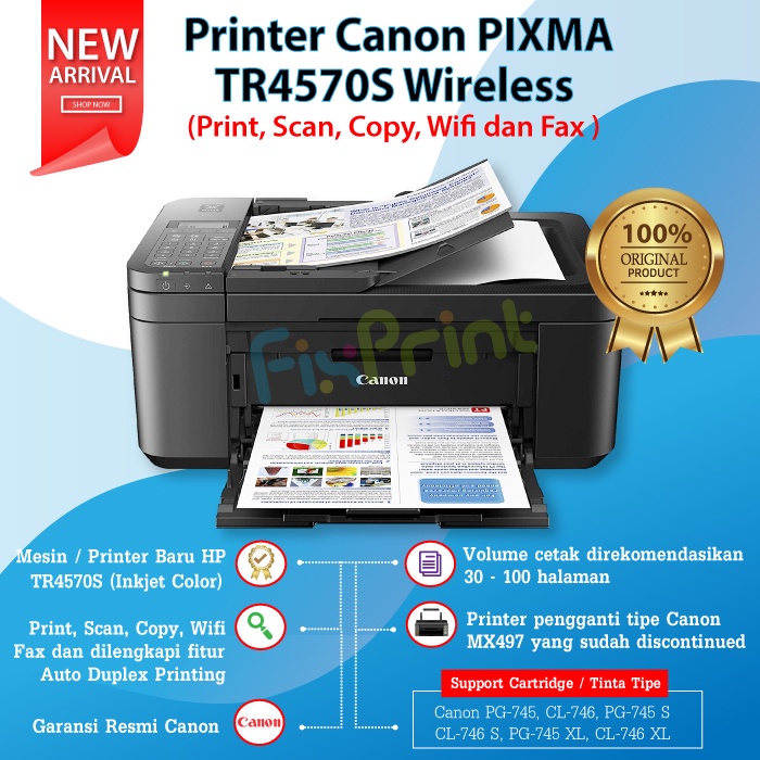 Printer Canon TR4570S TR4670s WiFi Print Scan F4 Copy Fax Cartridge 745s 746s Multifungsi All in One