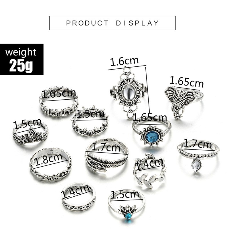 12 Pcs / Set Berongga Cincin Jari Set Gajah Water Drop Vintage Punk Boho Knuckle Rings Jewelry