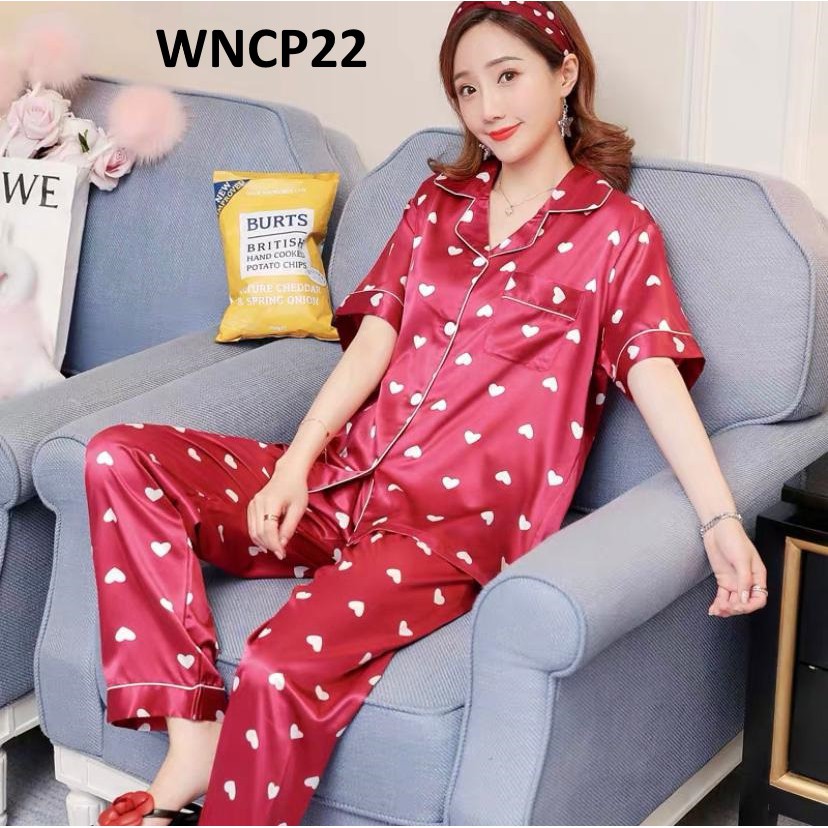 Baju Tidur Wanita Lengan Pendek Celana Panjang Love Red - WNCP22