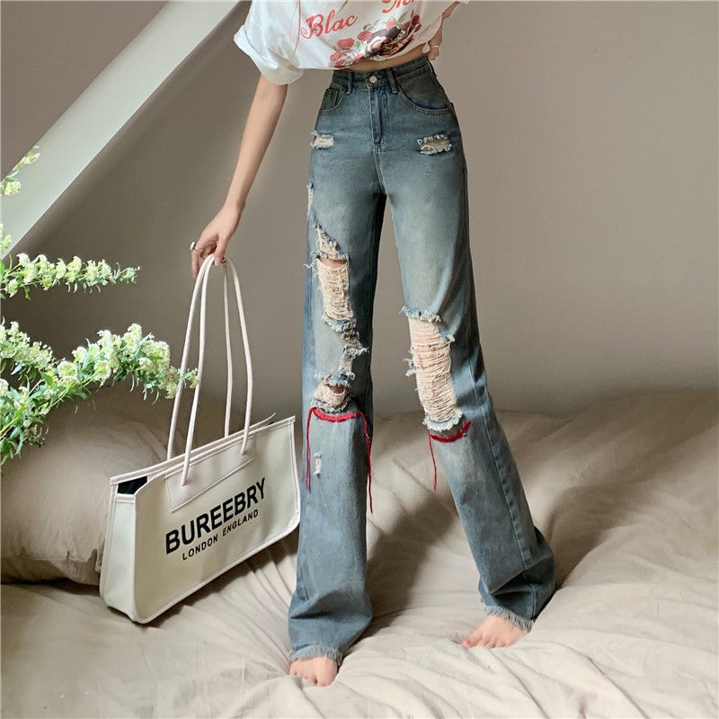 Red wanita new old wash hole hip-hop jeans women s brand high street women s spring and summer loose straight retro pants