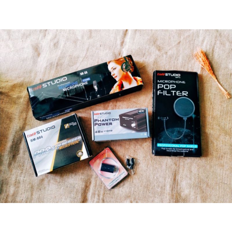 TaffSTUDIO BM-800 Paket Smule Condenser Microphone + Scissor Arm Stand + Phantom Power 48V + Sound Card + Pop Filter + Splitter