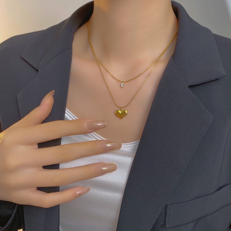 Kalung tali tambang dua layer love zircon titanium korea style anti karat