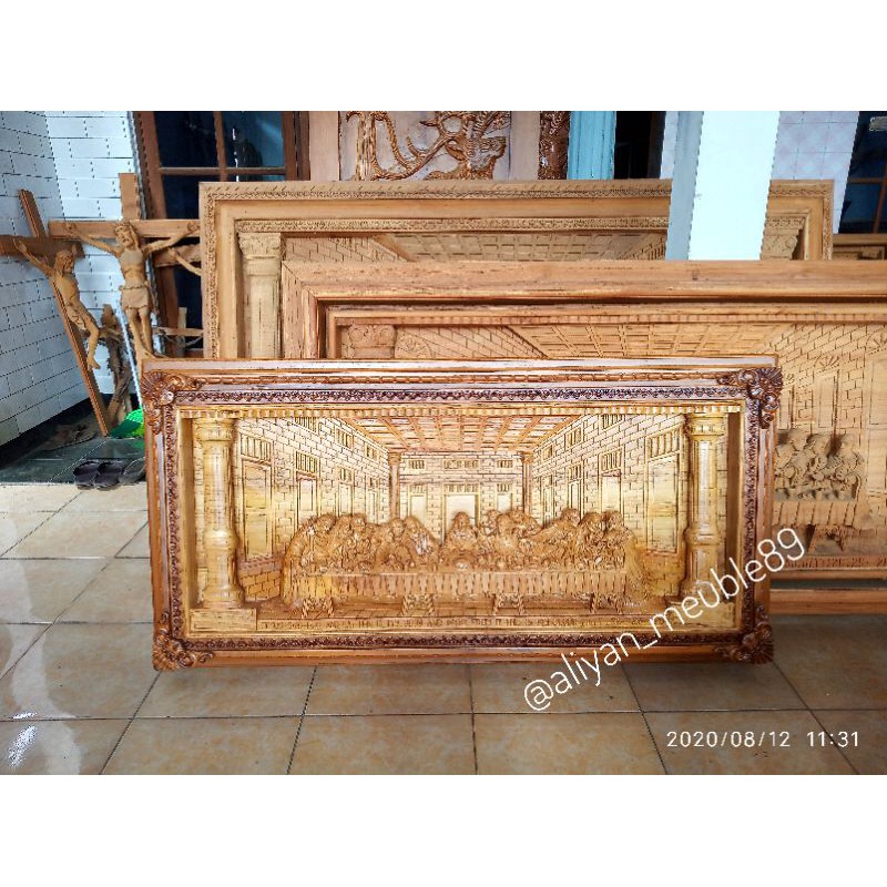 dekorasi dinding ukir relief perjamuan kudus kayu jati 160cm