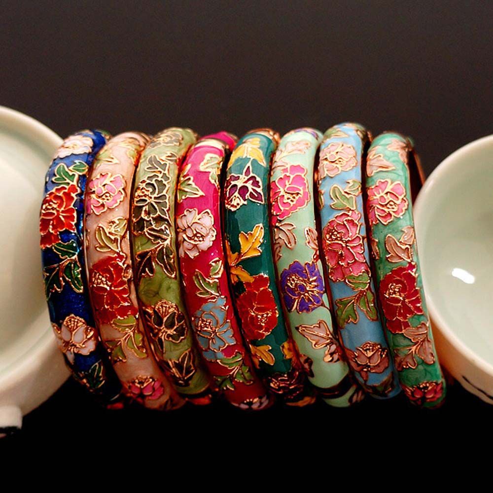 Gelang Bangles Cloisonne Desain Bunga Gaya Vintage Tradisional China Etnik