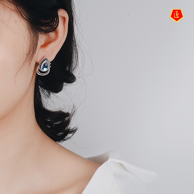 [Ready Stock]New Moonstone Vintage Silver Crescent Earrings