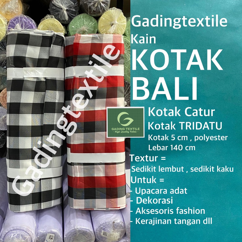 ( per 1 roll ) kain motif kotak kotak bali hitam putih merah catur tridatu polyester 5 cm lebar 140 cm rollan bahan upacara adat dekorasi dekor ikat pohon alas taplak meja makan estetik craft background foto backdrop kerajinan tangan tari nari kecak