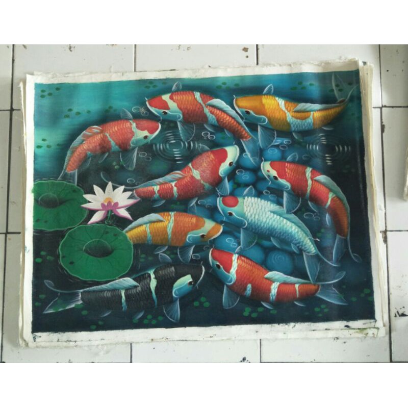 Lukisan Asli Ikan koi Diatas Kanvas