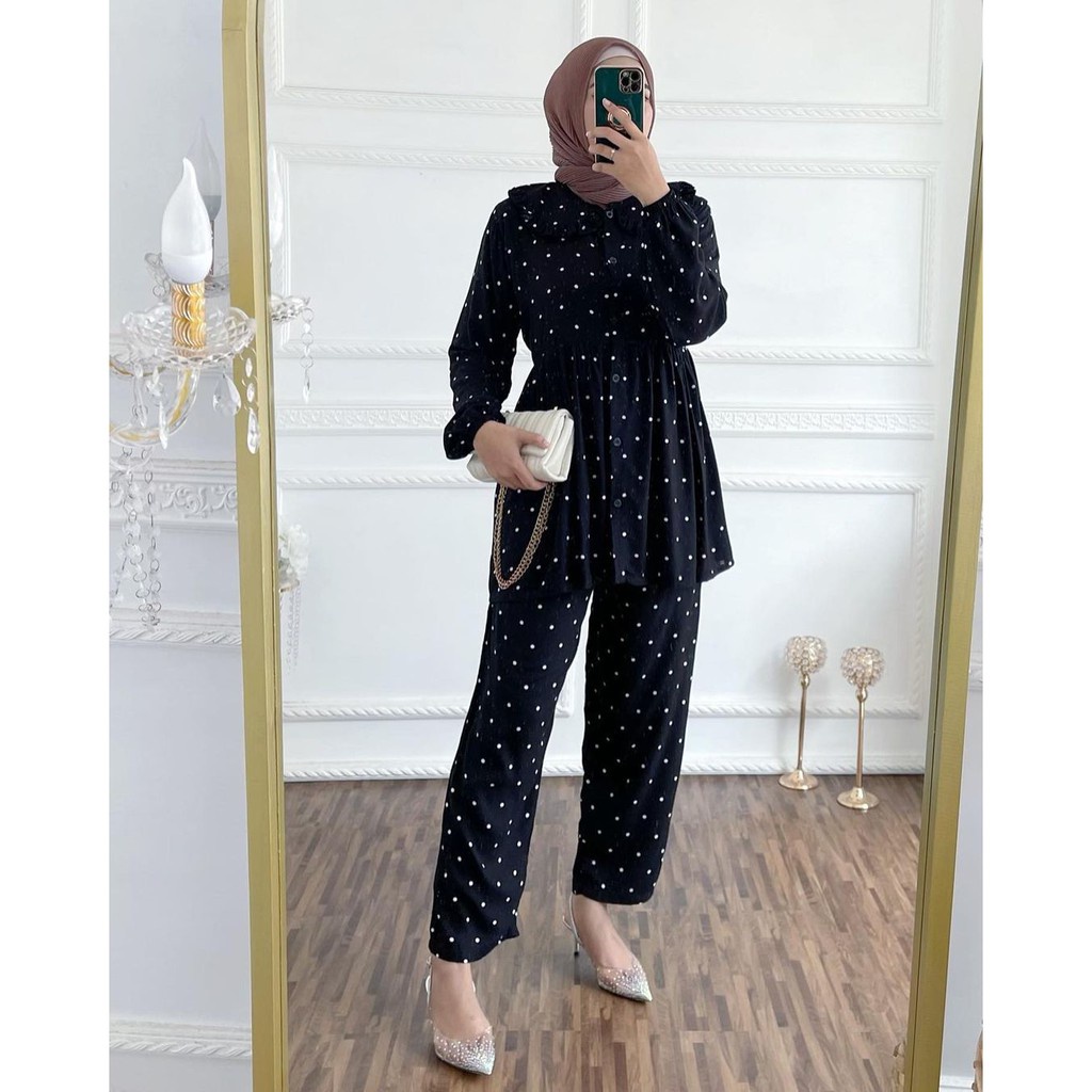 MANDA ONE SET WANITA / SETELAN RAYON DAILY ONE SET BAJU SETELAN PAJIMAS WANITA KEKINIAN-POLKANA BLACK