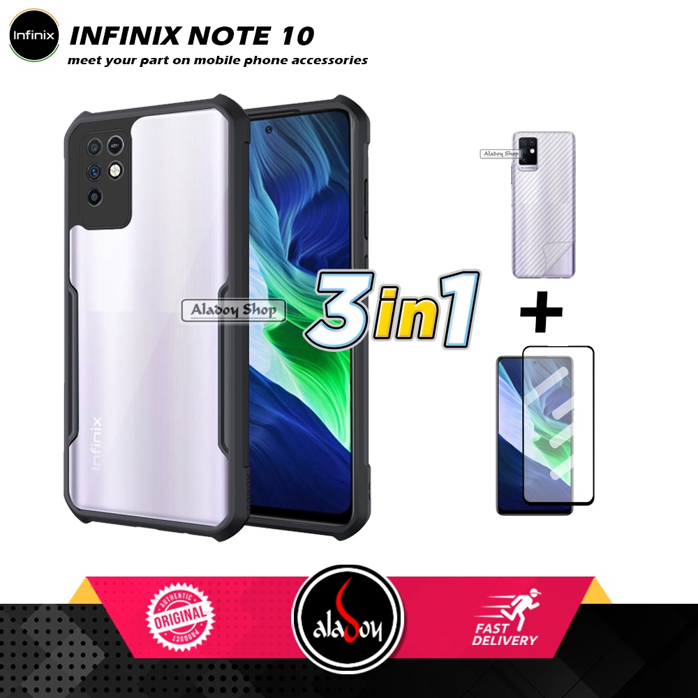 Case Infinix Note 10 Armor Fushion Transparent Casing + Tempered Glass Full Layar dan Skin Carbon