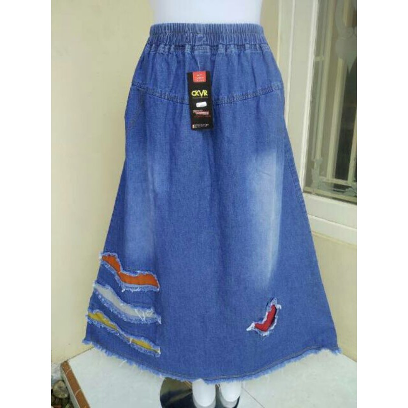 ROK JEANS TAMBAL TAMBAL / ROK JEANS PANJANG / ROK JEANS WANITA KEKINIAN / ROK JEANS WANITA