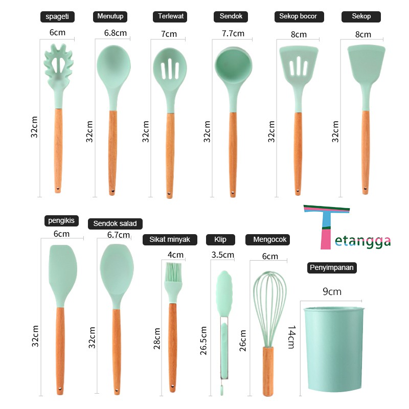 Alat Masak Sehat Tahan Panas Silicone Kitchen tools Set Spatula Silikon BPA-Free 12pcs Tetangga VS