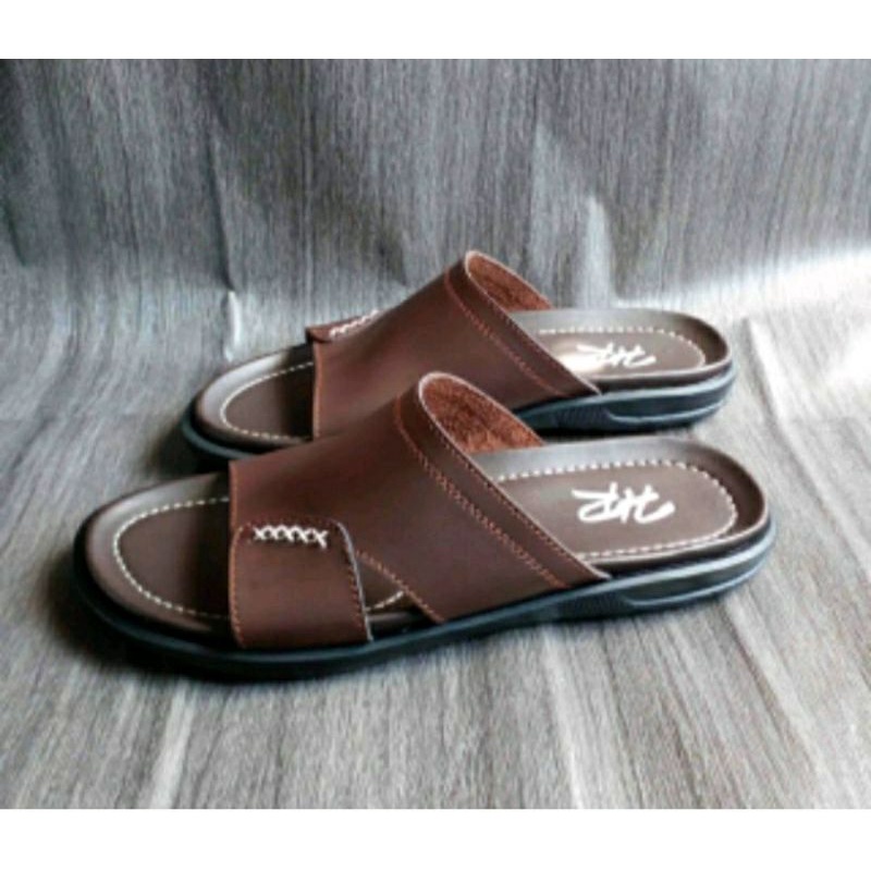 IMPOR / Sendal Slide Kulit Original Black 38-44 Sandal Kasual Bapak2 Empuk Asli Garut Brown, 43