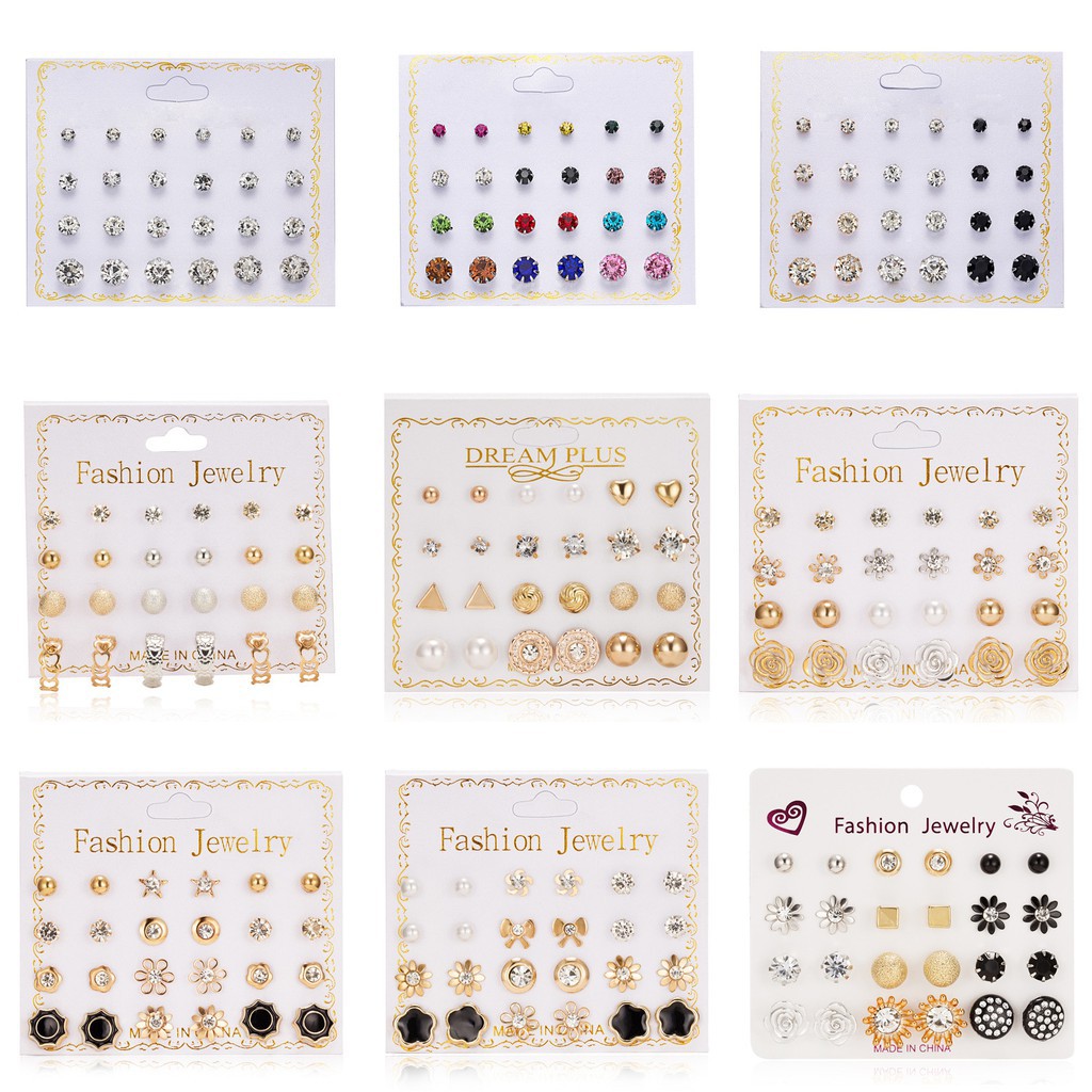 12 Pasang Anting Tusuk zircon Bulat Aneka Warna Untuk Wanita