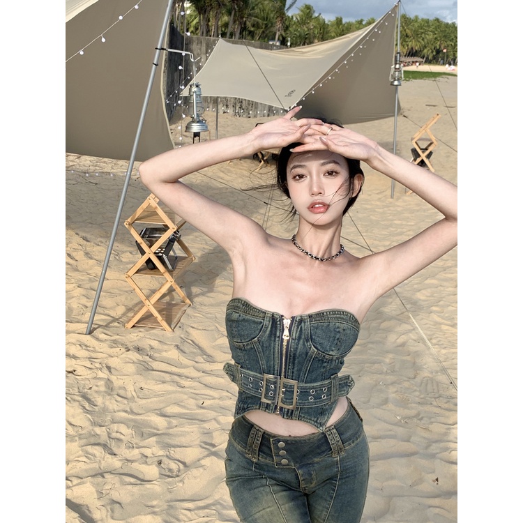 Suhao Tanktop retro denim hottie ritsleting tube top kamisol wanita musim panas chic pakaian luar seksi bagian dalam pendek top