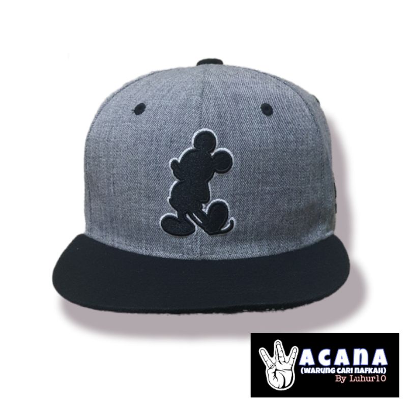 Topi Snapback Disney Logo Mickey Mouse Warna Abu Misty Hitam Size Setelan [Second]