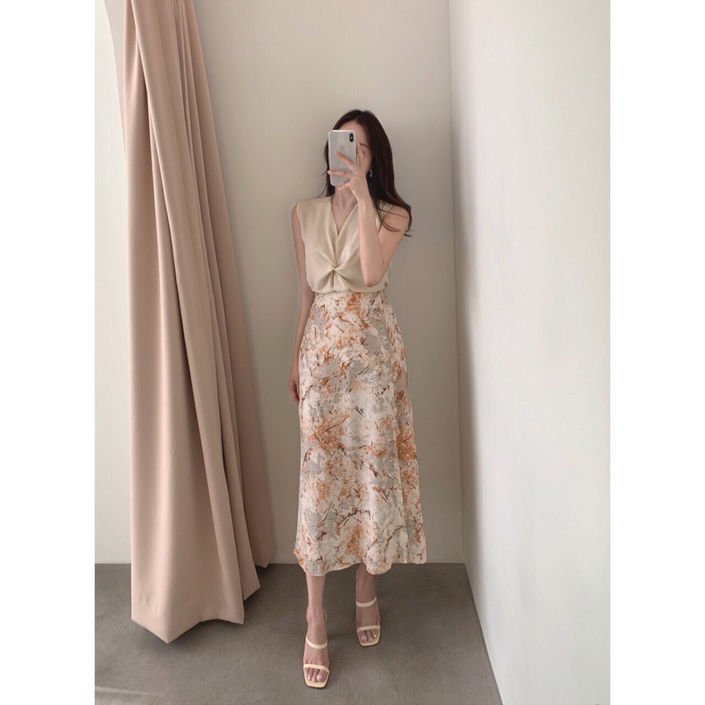 [FG] Soft Tone Silk Top & Marble Skirt Set SET6340-3