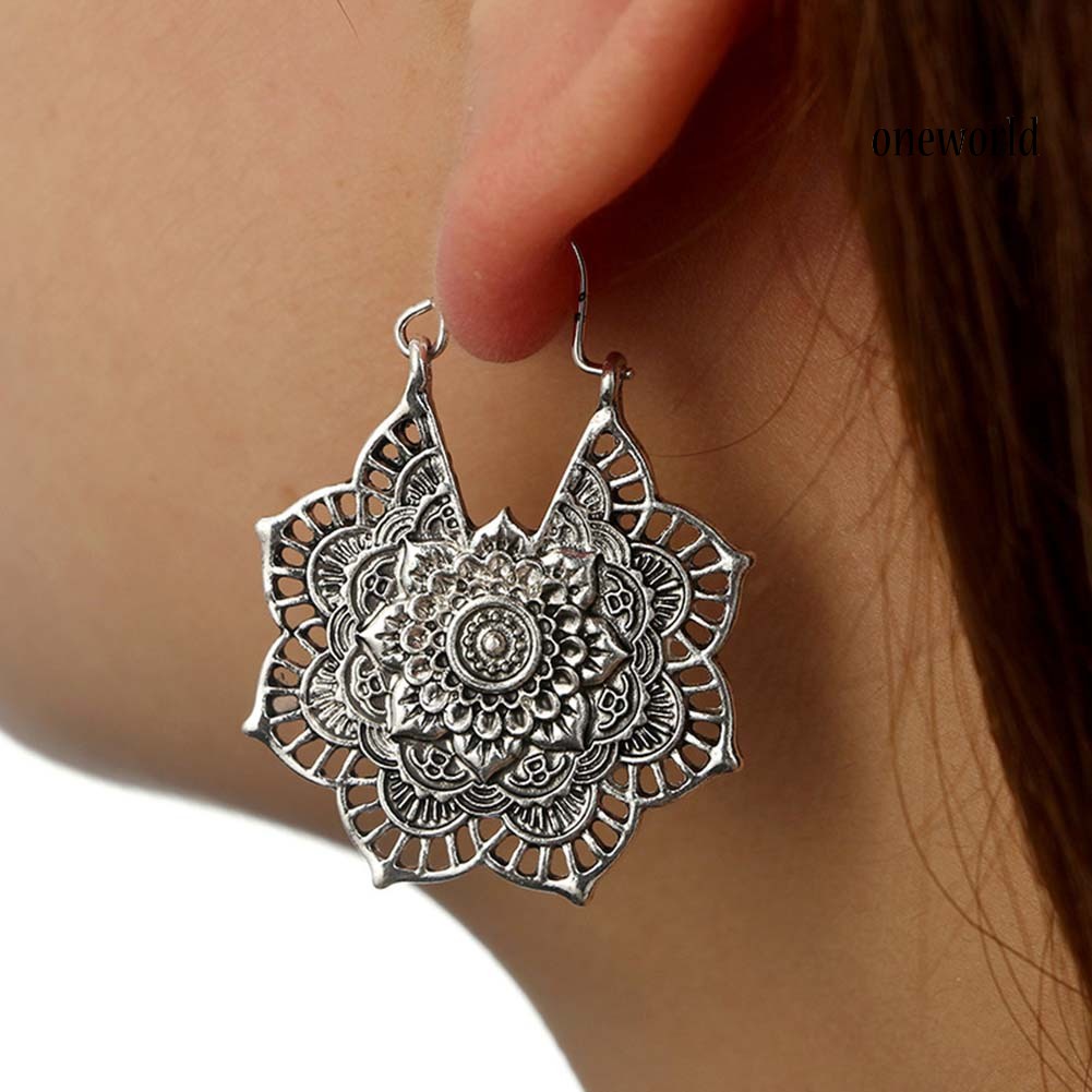 OW@ Bohemian Women Hollow Flower Honeycomb Filigree Hoop Earrings Retro Jewelry Gift