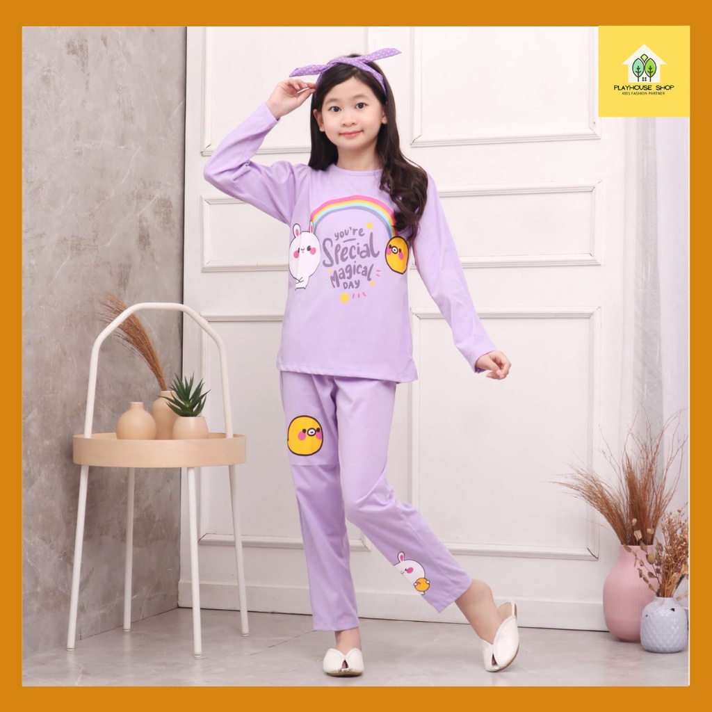 Baju Tidur Kaos Anak Perempuan/Piyama Panjang Umur 3 -12 tahun/Setelan Piama Anak Cewek