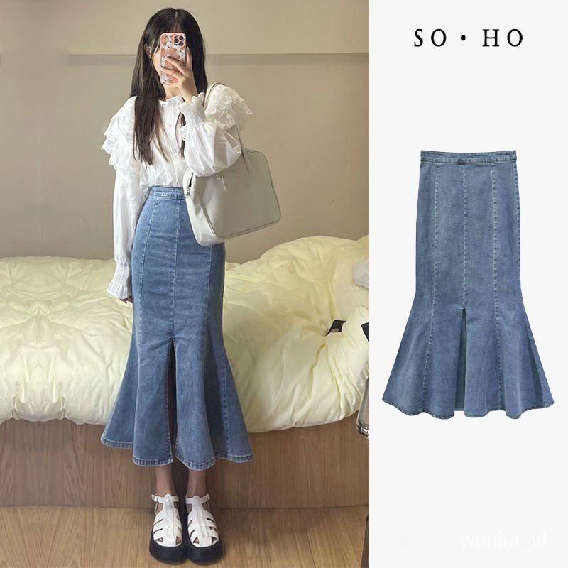 Jual rok jeans panjang rok fishtail stretch rok belah samping 7 8 rok