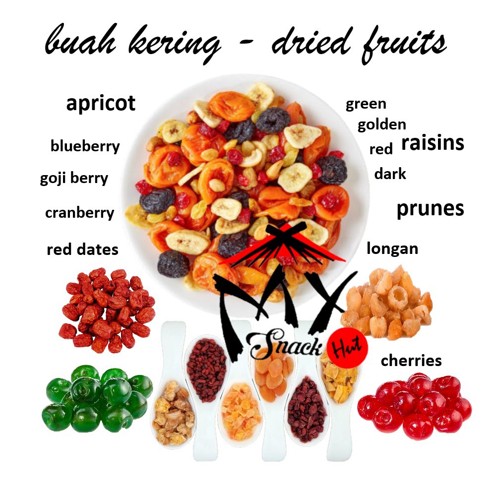 BUAH KERING - DRIED FRUITS BLACK GREEN RAISIN KISMIS APRICOT CRANBERRY PLUMS BLUEBERRY PRUNES IMPORT