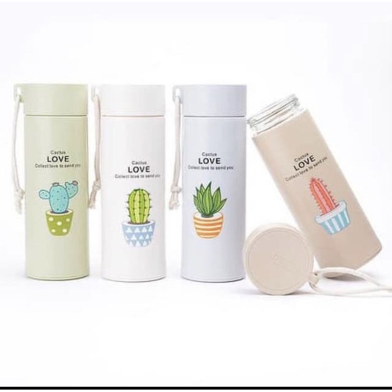 Botol Minum Motif Kaktus Bahan Kaca- Botol Minum Motif Kaktus 450ml