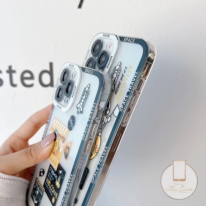 IPHONE Ins Astronot Planet Luar Angkasa Pasangan Ponsel Bening Case Kompatibel Untuk Iphone11 7 8 6 6s Plus 12 13 11 14 Pro MAX 7Plus XR X SE 2020 XS MAX Transparan Menebal Silikon Lembut TPU Cover