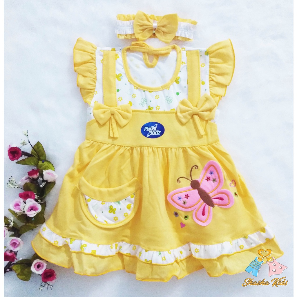 [S-018] Baju Bayi Perempuan /Dress Bayi Perempuan Planet Kids motif kupu -kupu  cantik Murah 0-6 bln Bonus BANDANA &amp; Celana dalam Bayi