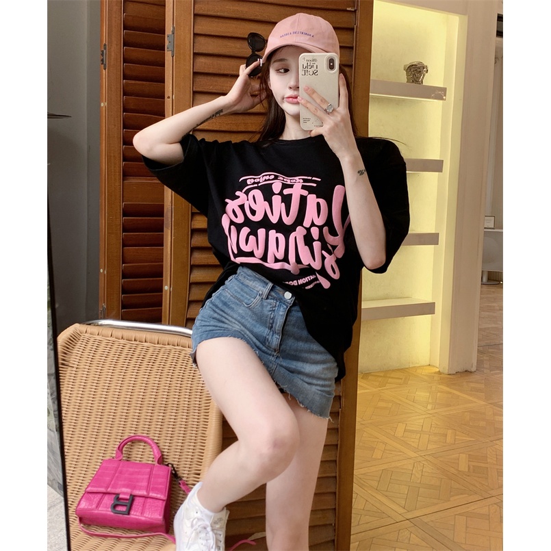 kaos atasan wanita lengan pendek oversize printed letters t shirt korean style kaos hitam