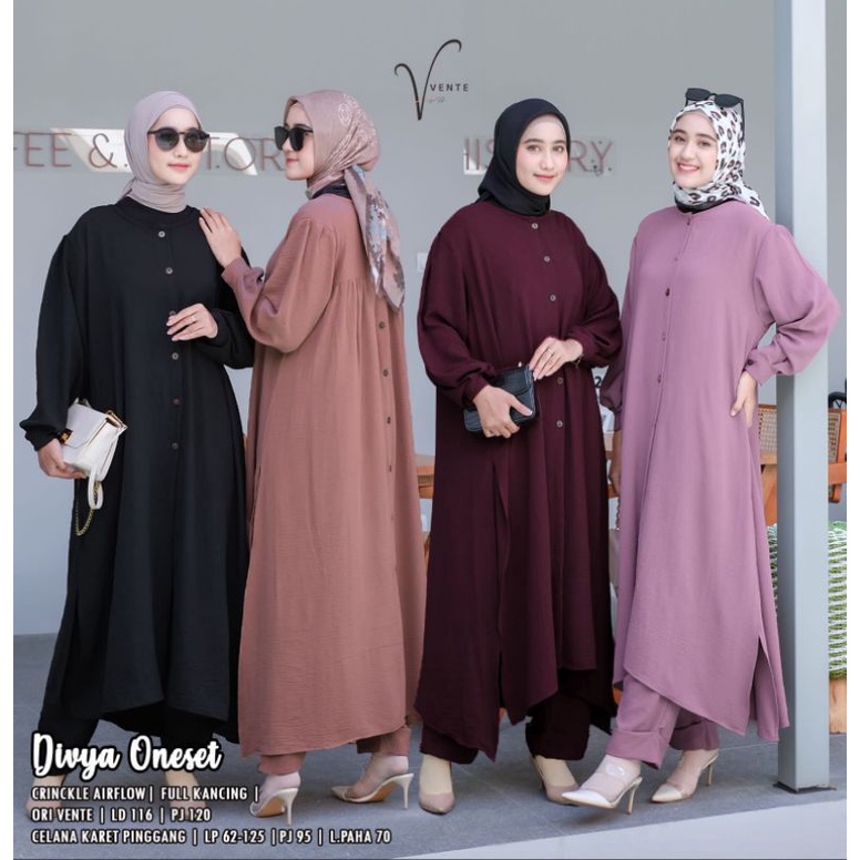 Divya one set baju wanita jumbo LD 116 polos bahan cringkle halus HQ | Set long tunik ori vente