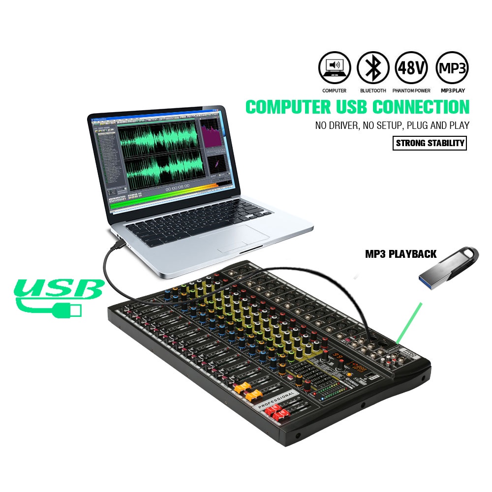 Mixer Audio Profesional Y CT120S-PRO 12 saluran DSP99 bawaan equalizer 2-lapisan EQ 7-band yang dapat disesuaikan Bluetooth/USB/PC/MP3 Peralatan Audio Profesional