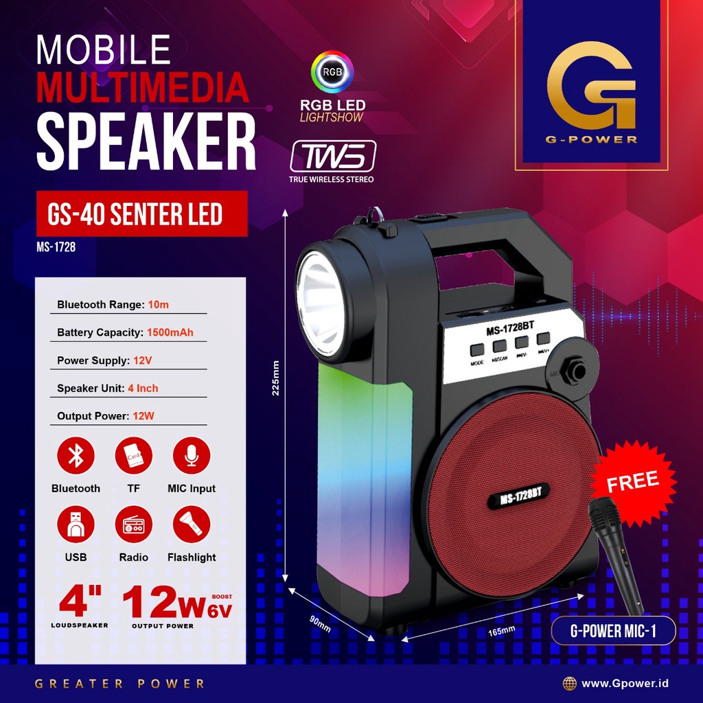 G-POWER SPEAKER MOBILE MULTIMEDIA MS-1728BT GS-40 SENTER LED - ORIGINAL